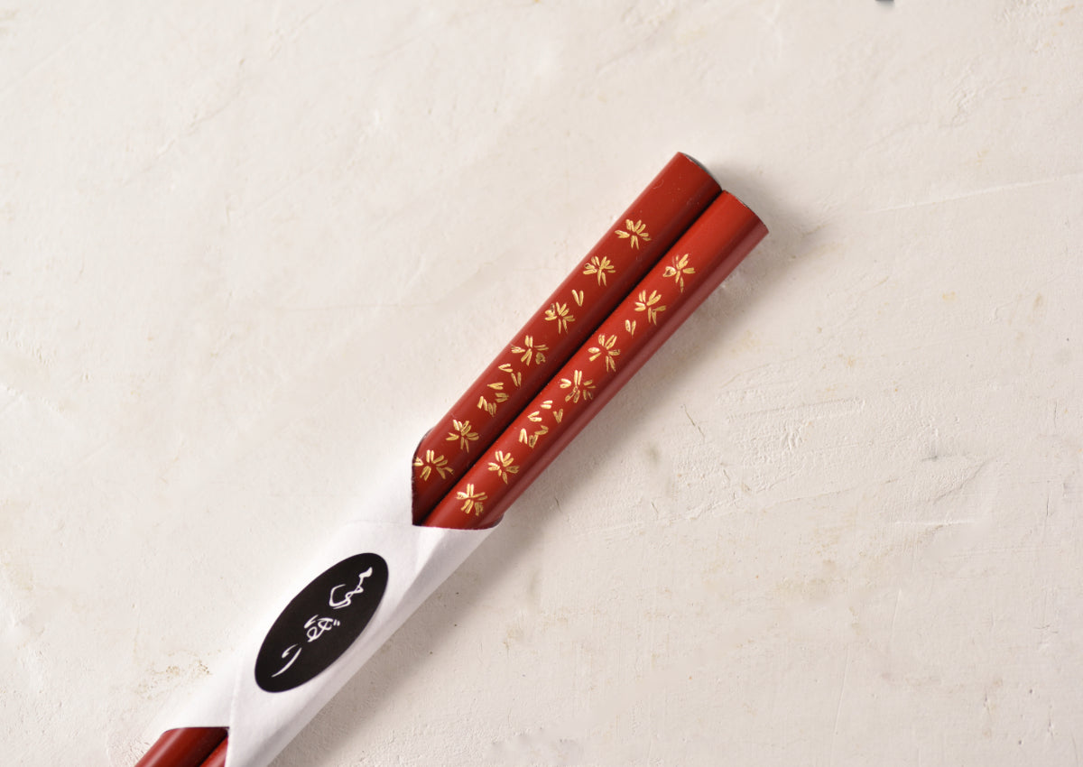 輪島塗箸 桜沈金(朱)箸置き付